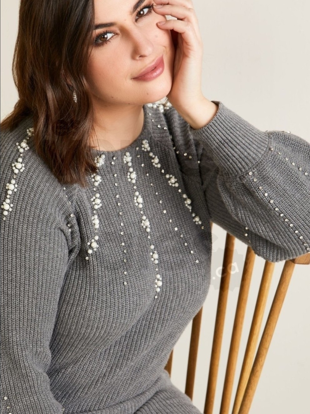 Laura Plus Gray Pearl-Embellished Crewneck Sweater